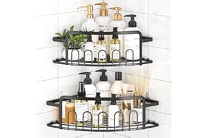 ACMETOP Duschablage Ohne Bohren 2er-Pack, SUS304 Edelstahl Badezimmer Organizer Eckregal, Badezimmer Regal Mit 10 Haken und 6 Klebstoffe, Duschregal, Duschkorb für Badezimmer Küche (Schwarz)