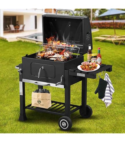 Barbecue Charbon Portable YITAHOME - Plateau Réglable, Jauge Température - Avec Roues Et Pinces