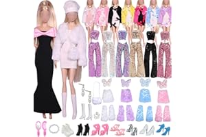 CARREUTY Ubranie dla lalek, 20 sztuk ubrań i akcesoriów, kompatybilne z, zestaw 2 pluszowych zestawów, sukienka w kształcie rybiego ogona, sukienka z cekinami, spódniczka z motylami, zestaw 8 butów i