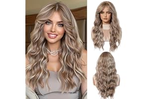 OUFEI Bionda misto marrone chiaro parrucca ondulata lunga per le donne con la tenda frangia naturale ricci capelli sintetici resistenti al calore parrucche per la festa quotidiana cosplay indossare