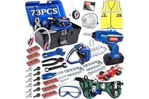 AOUVT 73 Pcs Set di Attrezzi per Bambini - Strumenti di Lavoro Giocattolo - Cassetta Degli Attrezzi con Trapano Elettrico, Suono e Luce Sega e Carrello di Montaggio - Giocattoli per Bambini dai 3 Anni in Su