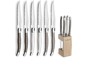 Lou Laguiole Steakmesser Set 6-teilig | 2511 Steakmesser mit Tradition und Stil | Griffe in Pfeffer, Perle & Taupe | Wellenschliff Messer