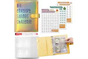 AVAKKER 100 Envelope Challenge Binder A5, Money Saving Challenge Book, Budget Planner Savings Challenge Binder with Transparent Cash Envelopes and Tracking Label, Colorful Yellow