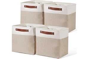 HDRNT Lot de 4 boîtes de rangement pliables (30 x 30 x 30 cm), organiseur en tissu avec poignées, paniers de rangement, paniers pour étagères Kallax, organisation, boîtes pliantes (kaki clair et