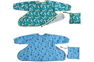 Tidy Tot®™ Cover & Catch™ 2 Pack Weaning Bib with Sleeves. Attach to Highchairs with Suction for Mess Proof Baby Feeding. 2 Waterproof Long Sleeved Bibs. Coverall BLW Bibs. Travel Bags Included.