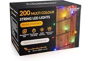 CHRISTOW Christmas Fairy Lights, Multi-Coloured LED String Lighting with Timer, Indoor & Outdoor, Tree Lights, Mains Operated, 8 Light Modes Flashing & Static, Green Cable (200 LED / 20m Lit Length)