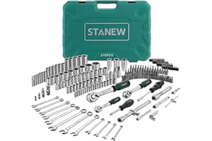 STANEW 219 Piezas Juego de Vasos Profesionales para Llaves Carraca, Llave de Carraca Reversible de 1/4", 3/8" y 1/2",Acero al Cr-V, Ideal para Bricolaje, Reparación o Trabajos Mecánicos