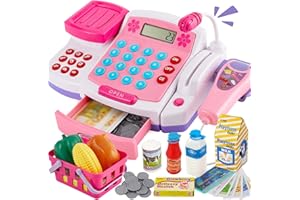 BUYGER Supermercato Giocattolo per Bambina, Grande Registratore di Cassa, con Microfono, Calcolatrice, Scanner, Lettore di Carta, Cibo Finto, Giochi di Ruolo, Regalo di Natale per Bambini 3 + Anni