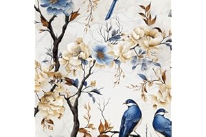 ICYEHAO Papel pintado autoadhesivo con flores y pájaros, 44 x 600 cm, papel pintado, beige, blanco, flores, hojas, azul, pájaros, árbol, negro, papel pintado, bosque, lámina para muebles, autoadhesivo, para