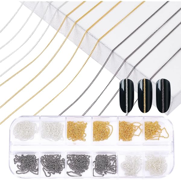 12 Streifen Nagelkunst-Ketten Aus Metall – Schwarze Legierungs-Ketten Für Nail Art | Punk-Design & Vielseitig Einsetzbar