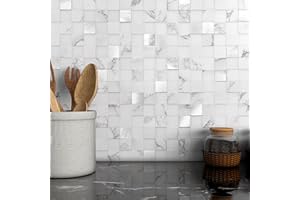 VAOVI Quadratisch Mosaikfliesen Selbstklebende Fliesen Küchenrückwand Selbstklebend,Marmor Bad Fliesensticker Kamin Hitzebeständig Duschfliesen Klebefliesen Wasserdicht(Weiß,5 Fliesen)