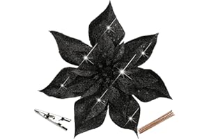 Oairse 8 grandi stelle di Natale glitterate da 23 cm, fiori artificiali neri con clip, fiori di Natale, ornamenti floreali finti per albero di Natale, vacanze, matrimoni, Capodanno, Halloween