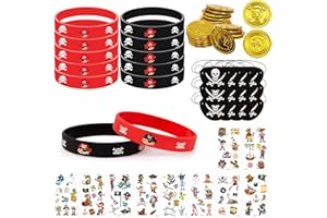 LETTERASHQP Piraten Kindergeburtstag Mitgebsel, 58 Stück Piraten Party Mitgebsel mit Piratenmünzen Piraten Silikonarmband Kinder Piraten Augenklappe Tattoos für Kindergeburtstag Gastgeschenk