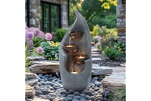 CHARLES BENTLEY 3 Tier Water Feature, UV Resistant, Weather Resistant, Mains Powered, Plug Included, Frost Resistant, Modern, Water Fountain, Built In LED Lights, Bronze, Polyresin (67x27.5x27cm)