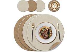 KERYCHIN 4 Round Leather Place Mats(38cm) + 4 Coasters(10cm) Set, Heat-Resistant 212°F Placemats, Non-Slip ＆ Wipeable, Dual-Sided Kitchen Accessories for Home, Outdoor Dining Table, (Beige/Cream)