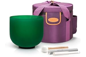 TOPFUND 432 Hz Green F Note Crystal Singing Bowl Heart Chakra 8 inch with Heavy Duty Carrying Case and Suede Striker Rubber Mallets