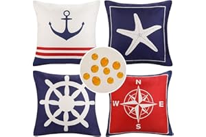 HomeStilez Funda de Cojín 40x40 cm Ancla Náutica Velero Decorativo Lino Impermeable Rojo y Blanco Cuadrado Ocean Series Fundas de Almohada para Salón Sofá Decoración Interior Exterior,Juego de 4