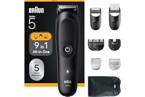 Braun Tondeuse Tout-En-Un Series 5, 9-En-1, Lame Ultra Affûtée, 120 Min D’autonomie, Protection SkinGuard Pour Le Corps, Coupe Précise Et Efficace, Manche AquaGrip Pratique Sous L'eau, AIO5540, Noir