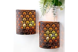 JHY DESIGN Set of 2 Battery Powered Lamp 20cm H Wall Sconce Lighting Metal Rustic Wall Mount Lamp with 6-Hours Timer Wall Decor for Living Room Bedroom Hallway Stairway (Brown Flabellum)