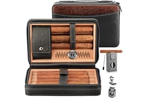 LIHTUN Zigarren-Humidor, Leder-Zedernholz-Reise-Zigarrenetui und multifunktionales 5-in-1-Zigarrenanzünder-Set – Tragbare Reise-Humidor-Box mit 2 Zwei-Wege-Feuchtigkeitspackungen – (Black)