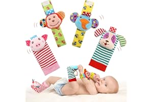 JENSENER Soft Baby Toy, Wrist Rattle & Foot Finder Socks, Handheld Rattles and Rattle Socks, Foot Rattle Leg Rattle Ankel Rattle, Newborn Baby Rattle Toys for Infant Boy or Girl (4 PCS-A)