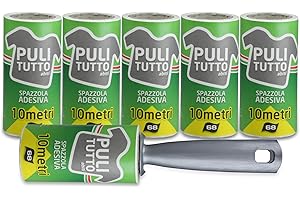 I.P.P.A. Spazzola adesiva. 6 rulli da 10 metri (68 FOGLI PRETAGLIATI). 60 metri di carta adesiva. Peli di animali, capelli, cuscini, sedili, giacche, divani