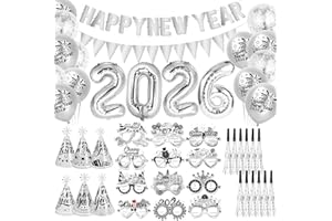 HOWAF New Years Eve Decorations 2026 Balloons Foil Balloons, Happy New Year Banner, Party Hats, Glasses, Blowers, Confetti for NYE Party Decorations 2026, Silver