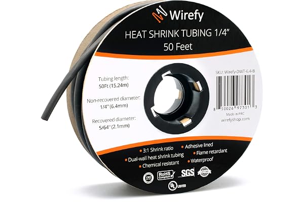 Wirefy Gaine Thermorétractable Etanche 6,4 mm - 3:1 Tube Thermoretractable à Double Paroi - Revêtement Adhésif - Gaine Thermo - Noire - Rouleau de 15 m