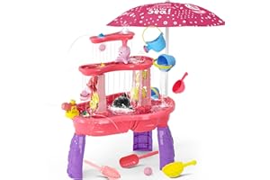 KIZJORYA Table Eau Sable Jeux D'eau Exterieur pour Enfant 2+ Ans, 3-Tier & Pompe D'eau D'aspiration électrique Ttable Sable et Eau, Jeu Extérieur pour Garçons Filles 2 3 4 5 6 7 8 Ans, Water Table (Rose)