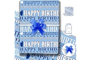 ZALIOAN Papel de Regalo Azul,4 Hojas 85 * 60cm Papel Regalo con 4*Cuerda de mariposa,2*Tarjetas,4*Calcomanías,Papel Regalo para Hombre Y Niño