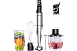 GDOR 1100W Pürierstab, 5 In 1 Stabmixer Edelstahl, Stufenlos Geschwindigkeitseinstellung Hand Blender Mit 2 Schneebesen, 800ml Messbecher, 600ml Häcksler