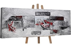 YS-Art Abstrakt Acryl Gemälde auf Leinwand handgemalt Abstraktion IV Wandbilder Wohnzimmer moderne grau rot Apartment Wohndekor Bilder echte Kunst 150x50 cm