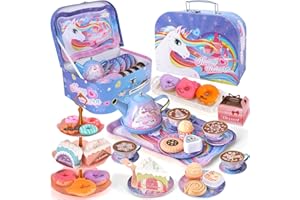 Tacobear Kids Tea Party Set for Children Unicorn Tea Set Tin Tea Set with Dessert Toy Carrying Case Princess Tea Time Unicorn Gift Pretend Play Tea Set Toys Gift for Kids Girls 3 4 5 6 7 Years