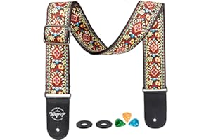 Global Park Sangle de Guitare Jacquard Weave Cuir Véritable Fin Vintage Classic pour Basse Acoustique électrique Ukulélé Concert