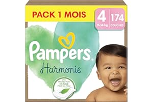 Pampers Harmonie, Taille 4, 174 Couches, 9-14kg, Protection Douce pour la Peau, Ingrédients d’origine végétale en contact ave