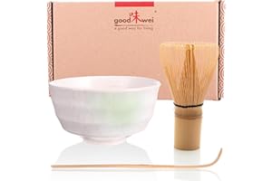 Goodwei Matcha Kit avec bol à matcha en céramique, fouet à matcha et cuillère en bambou | Ensemble cadeau pour débutants (Shiro)