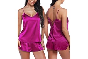 RSLOVE Damska bielizna satynowa z dekoltem w serek zestaw seksowna bielizna nocna Cami i szorty zestaw bielizny nocnej