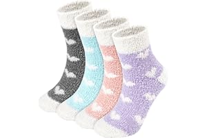 Leikedun 4 Pares Calcetines Calentitos Mujer, Calcetines Térmicos para Andar por Casa y Dormir, Suaves Calcetines de Felpa Abrigados, Talla Única 36-40, Colores Navideños