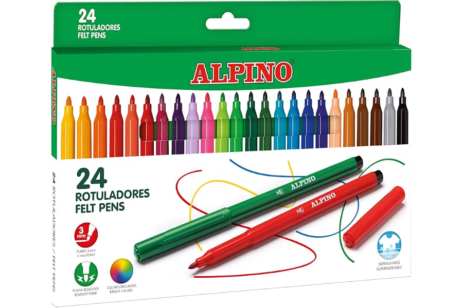 Alpino 24 Rotuladores de Colores Brillantes | Rotulador de Punta Resistente de 3mm para Colorear | Tinta Súper Lavable y de L