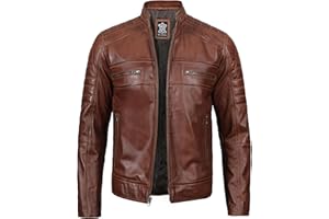 fjackets Real Lambskin Leather Biker Jacket - Quilted Cafe Racer Zip Up Moto Jackets For Men