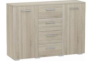 ‎MATKAM MATKAM Kommode Helena B120 x H84,5 x T35 cm, Sideboard mit 4 Schubladen und 2 Fächer mit Türen, ideal für Büro, Diele, Wohnzimmer, Jugend- oder Kinderzimmer (Sonoma Eiche)