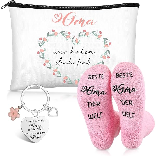 Geschenkset Für Oma - Kosmetiktasche & Schlüsselanhänger Mit Blume, Personalisiert & Liebevoll Verpackt