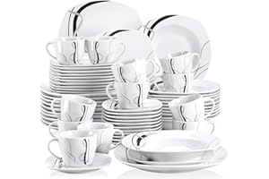VEWEET „Fiona” 60-częściowy porcelanowy serwis stołowy kombi, filiżanki do kawy o pojemności 175 ml, spodki, talerze deserowe, talerze obiadowe i talerze do zupy, pełny serwis dla 12 osób