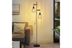 ZMH Lampadaire pour salon, vintage noir en bois, lampadaire industriel en métal E27, 2 lumières avec abat-jour en cage 152 cm (sans ampoule)