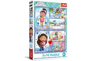 Trefl - Puzzle 2w1: Gabby's Dollhouse, Baw się z Gabby - 2 x 70 Elementów, Zestaw Dwóch Układanek dla Dzieci od 4 lat