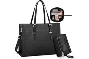 Lubardy Bolso Mujer Bolsos para Universitarias Mujer Bolso para Portatil 15.6 Pulgadas Impermeable Bolsos Bandolera Grande Bolso Shopper Cuero PU Bolsa Tote (Negro+Bolso de Cosméticos)