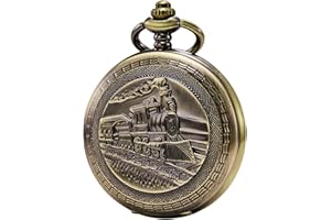 Treeweto - Orologio da taschino con catena da uomo, analogico, carica manuale, locomotiva a vapore, in legno con venature, doppia cerniera, bronzo