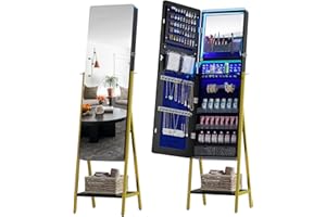 Gurexl LED Jewelry Cabinet Standing Mirror,3 Color Dimmable 47.2'' Full Length Mirror Large Capacity Jewelry Organizer Armoire,Lockable Floor Standing Mirror All in One for Bedroom, Cloakroom(Black)