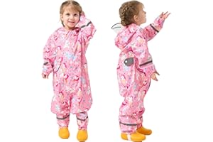 FEWLBY Puddle Suit Waterproof Suit Kids, All in One Waterproof Overalls Boys Girls Rain Suit Cartoon Muddy Suit One Piece Raincoat Hoodie Rainwear for 1-10 Years