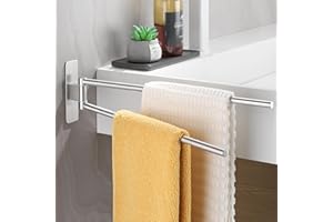 ALOCEO Porta Asciugamani Senza Forare, Portasciugamani da Parete Adesivo in Acciaio Inox 304 con 2 Braccio Girevole per Bagno Cucina, Argento Spazzolato 40CM